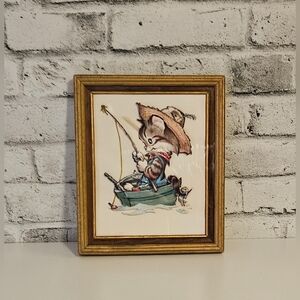 Vintage Framed Cat Fishing Print Whimsical Nursery Cottage Decor